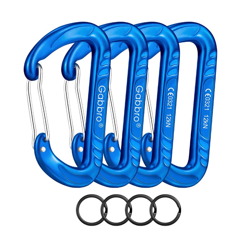 Gabbro Carabiner Clips Heavy Duty 12kN (2697 lbs), | 3.2 Inch, Aluminum, Wiregate Snap, Lightweight, 4 Pack | for Hammock, Hiking, Camping, Water Bottle, Dog Leash Harness, Keychains - Blue - Image 1